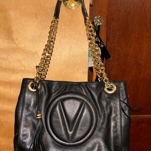 Valentino By Mario Valentino Black Shoulder Bag with Gold Chain